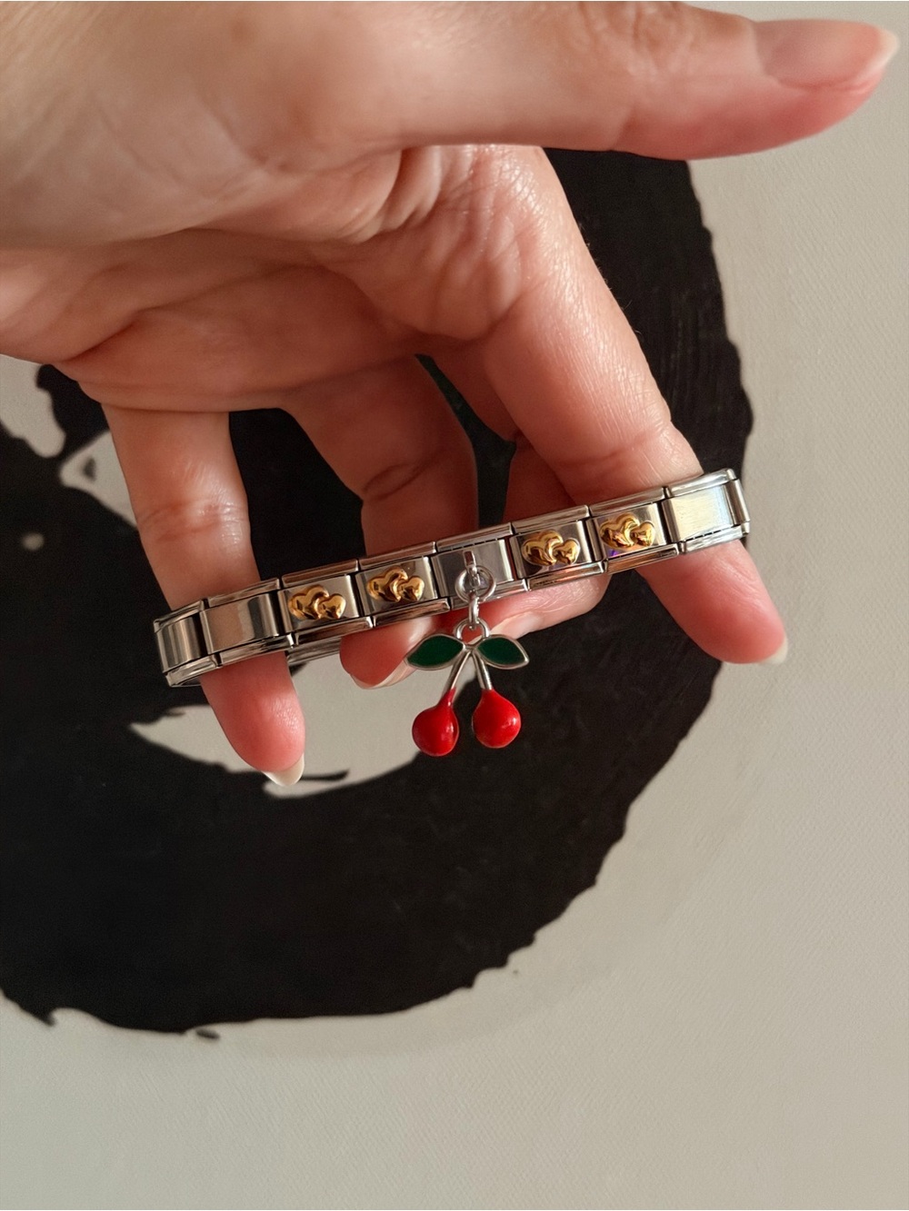 Cherry Charm Italian Bracelet – Silver & Gold Stainless Steel